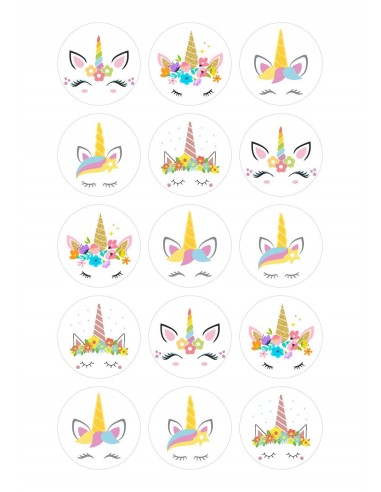Papel de azúcar caras unicornios para galletas