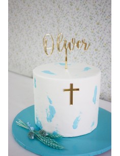 Topper Nombre + Cruz acrílica frontal para tartas 2