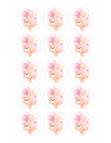 Papel comestible de bautizo Osita con Globos rosas