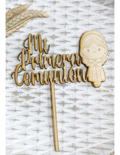 Topper tarta Primera Comunión con Niña Grabado en madera