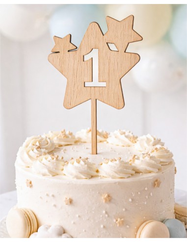 Topper de madera natural con estrella y número para tarta