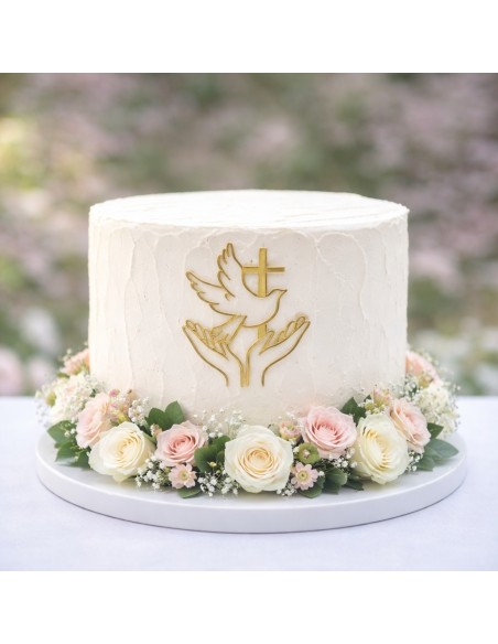 Cruz acrílica manos y paloma frontal para tartas