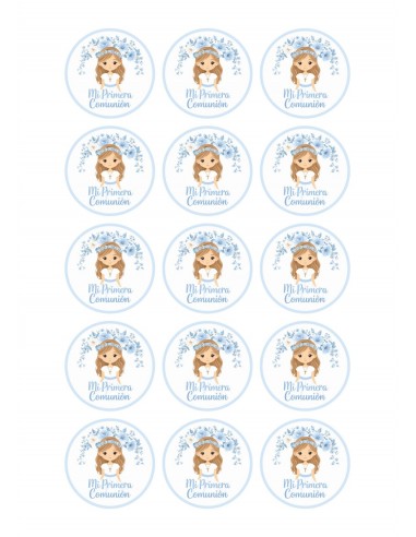 Papel Comestible Niña de Comunión Floral Azul para Galletas